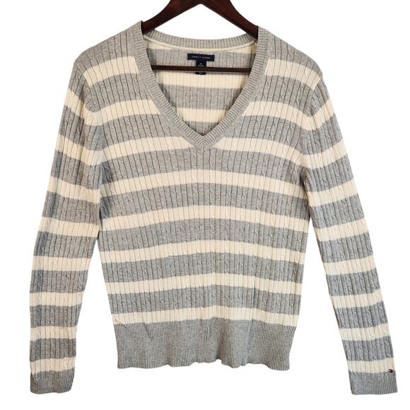 Tommy Hilfiger Vintage Y2K V-Neck Sweater Women’s SZ XL Stripes Gray/Cream EUC - Picture 1 of 14